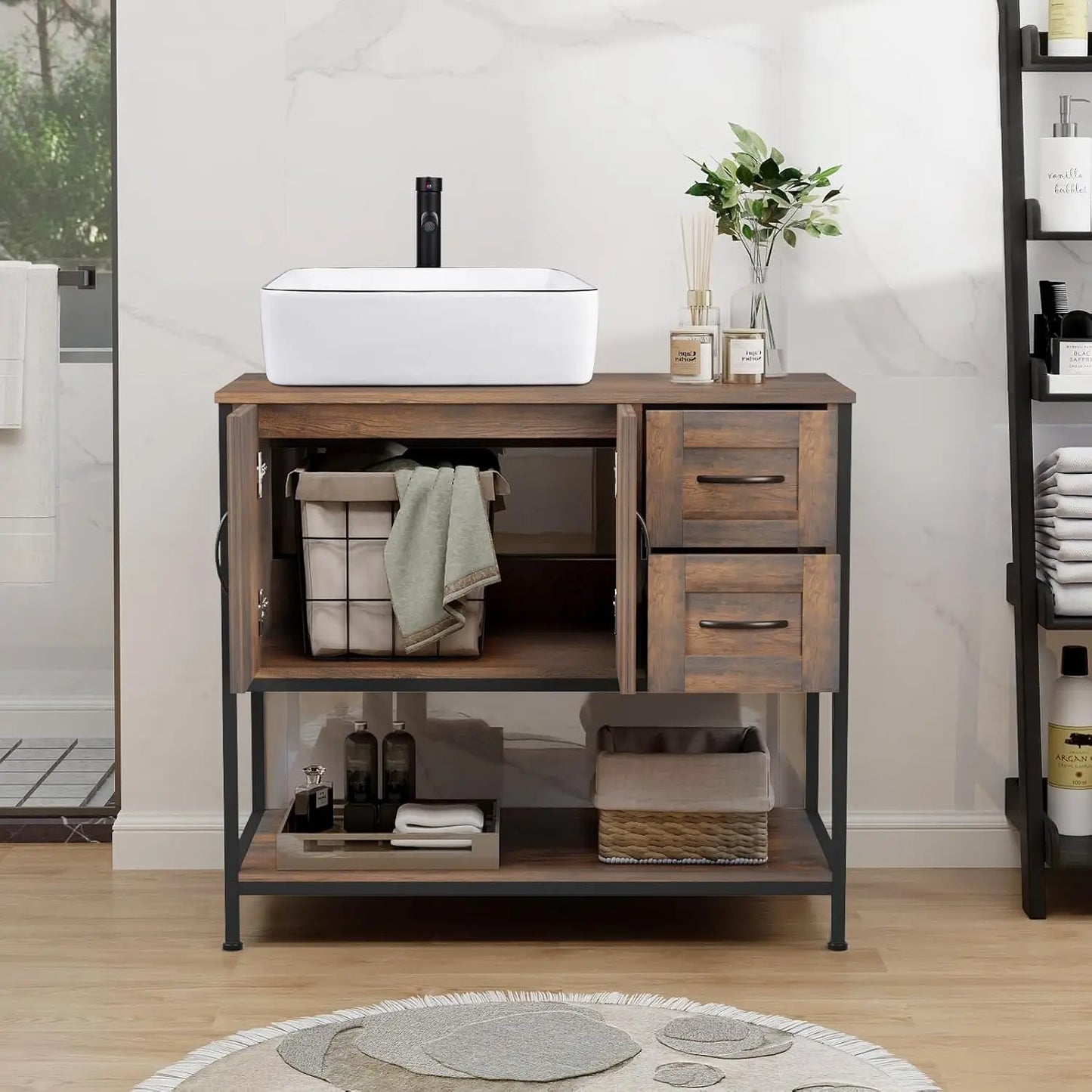 Rustic Farmhouse Bathroom Vanity With Ceramic Vessel Sink