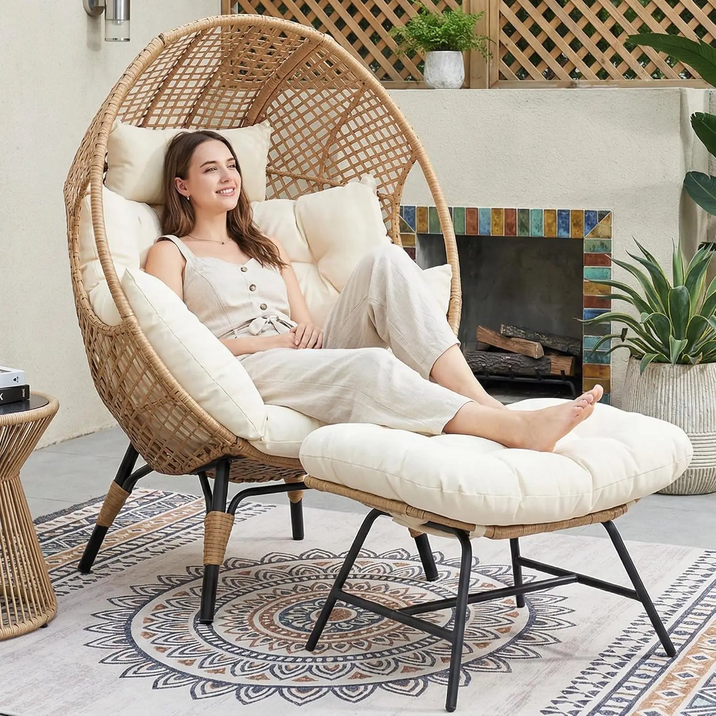Indoor Outdoor Egg Chair With Ottoman Cushioned Lounge For Patio