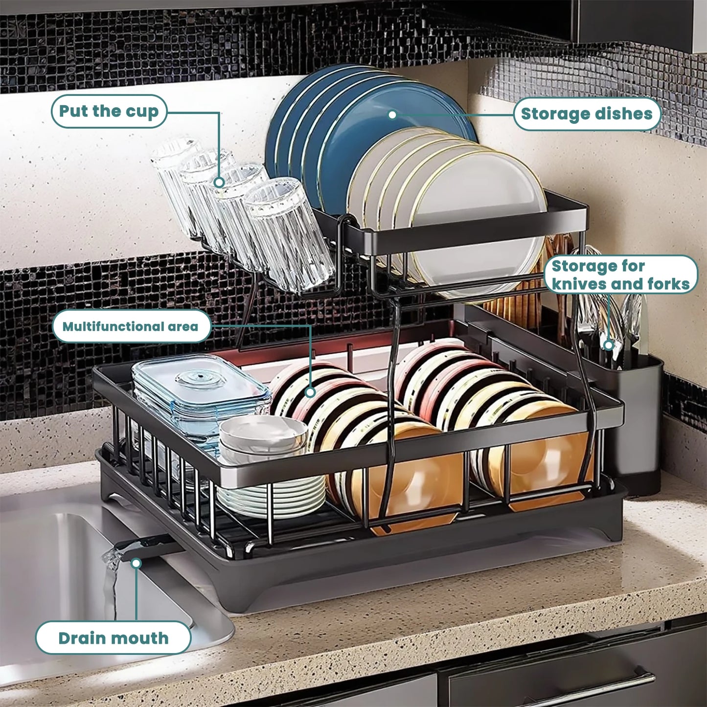 Removable Two Tier Dish Drying Rack for Kitchen Countertop