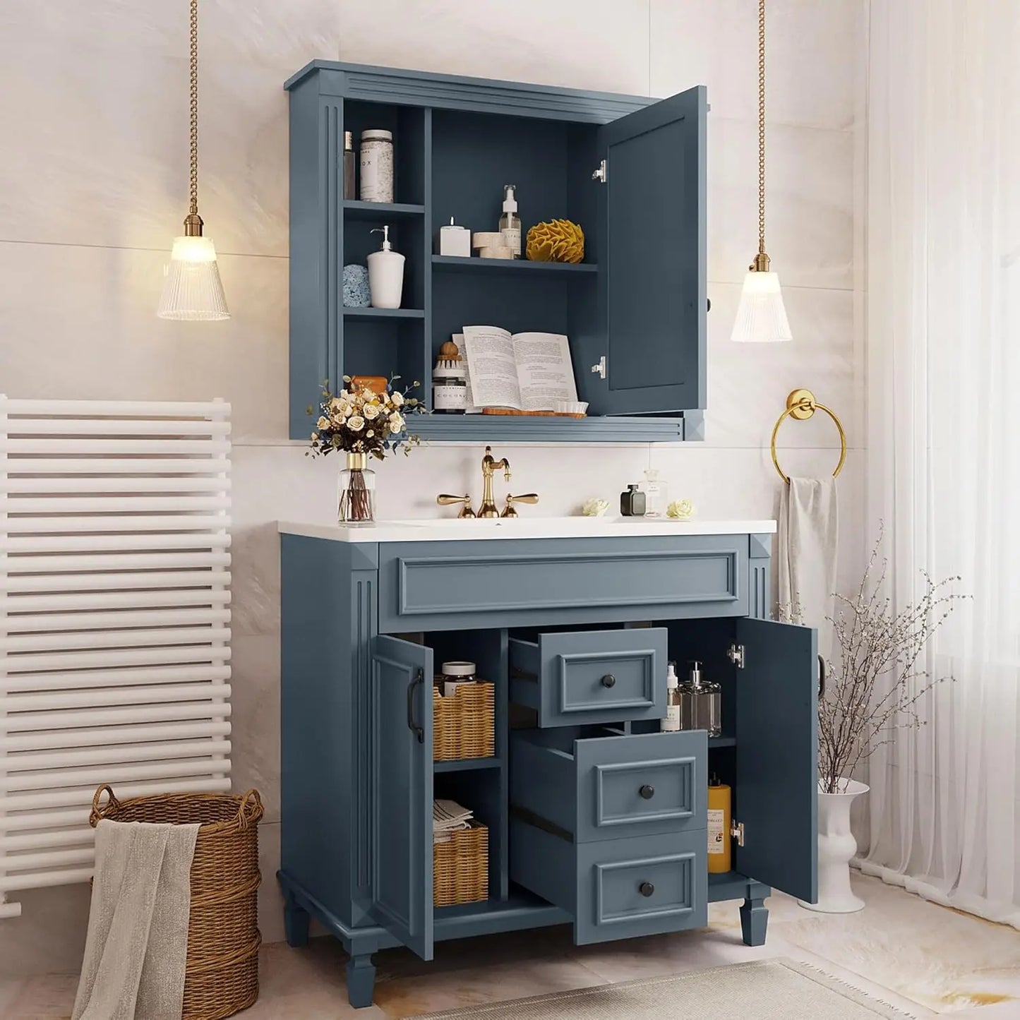 Modern Bathroom Vanity With Mirror Cabinet And Soft Closing Doors