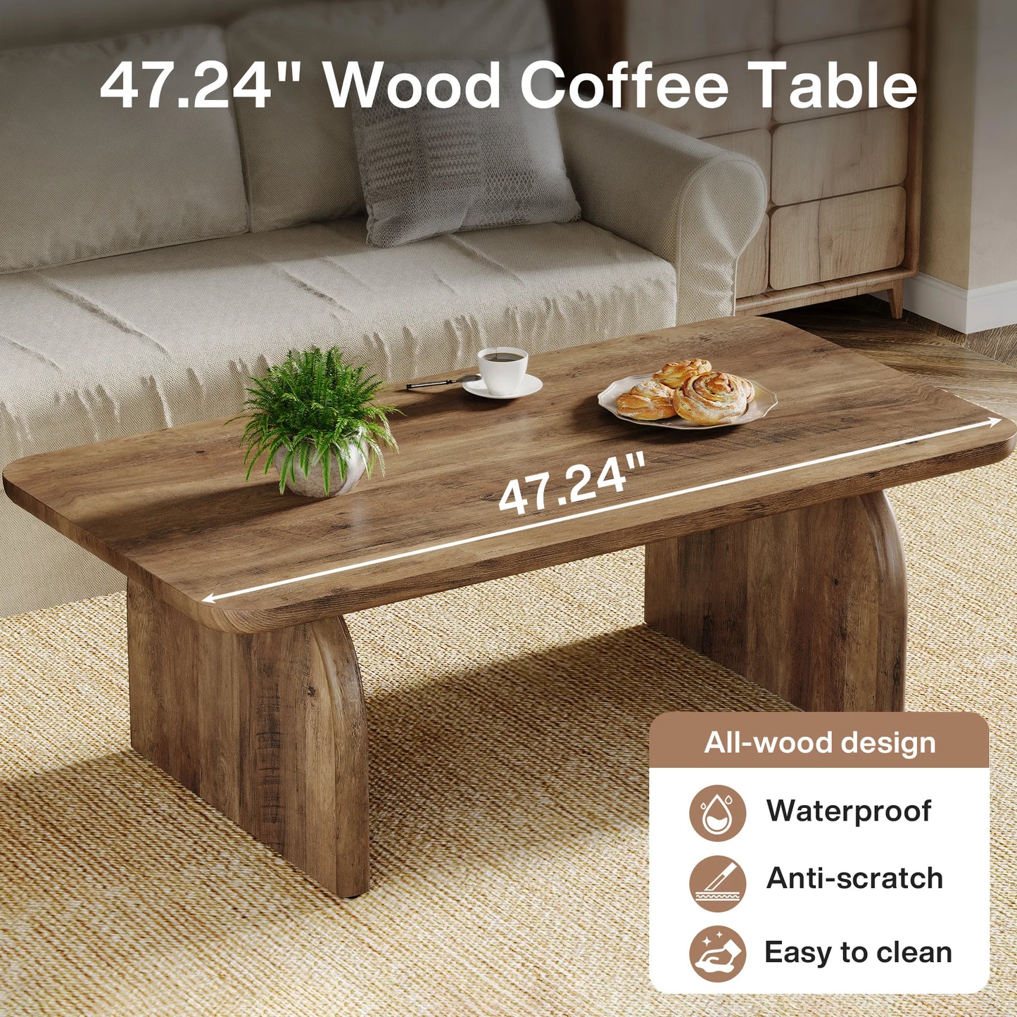 Tribesigns Farmhouse Rectangular Coffee Table Center Cocktail Table