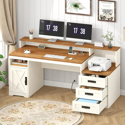 MOYU Farmhouse Computer Desk With Drawers And Power Outlets