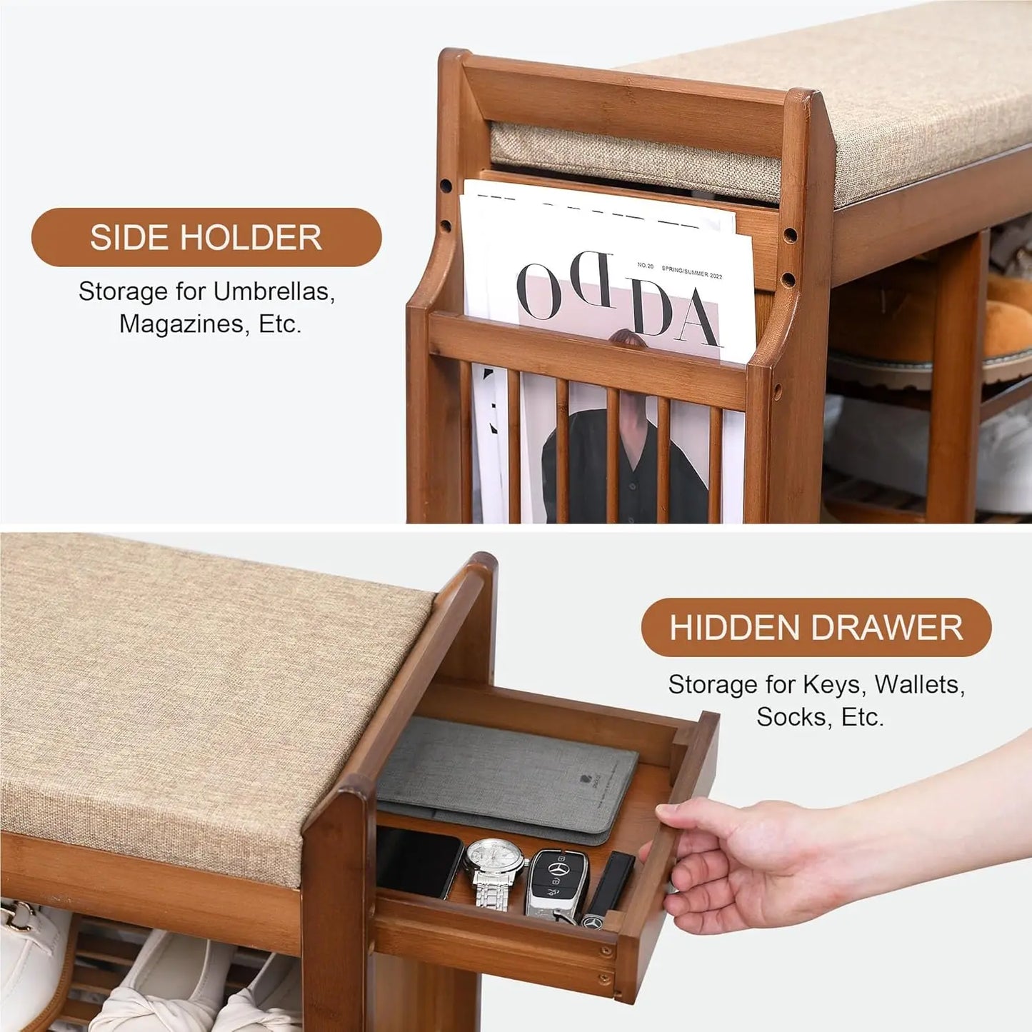 Shoe Bench Coat Rack With Hidden Drawer And 2-Tier Storage