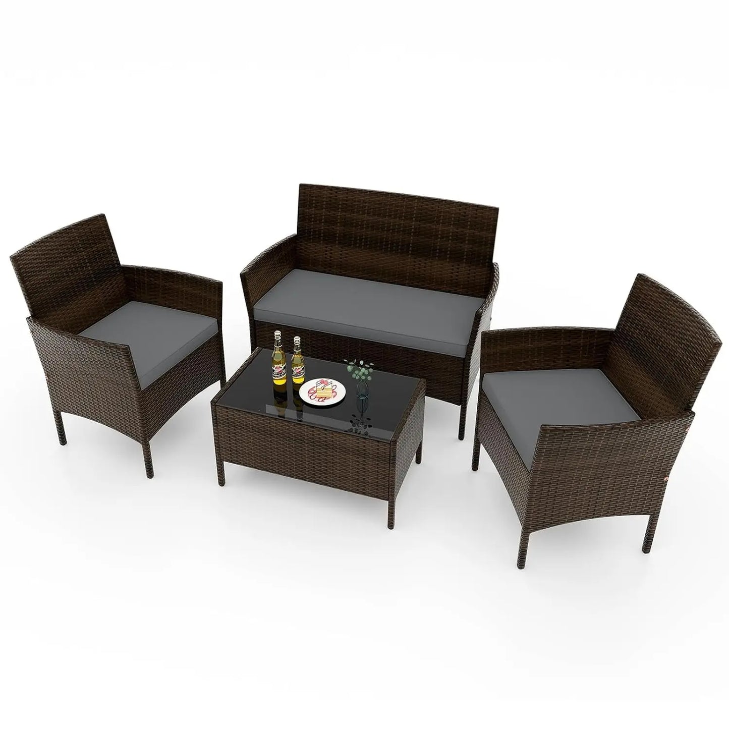 Rattan Outdoor Patio Conversation Set With Cushions And Glass Coffee Table