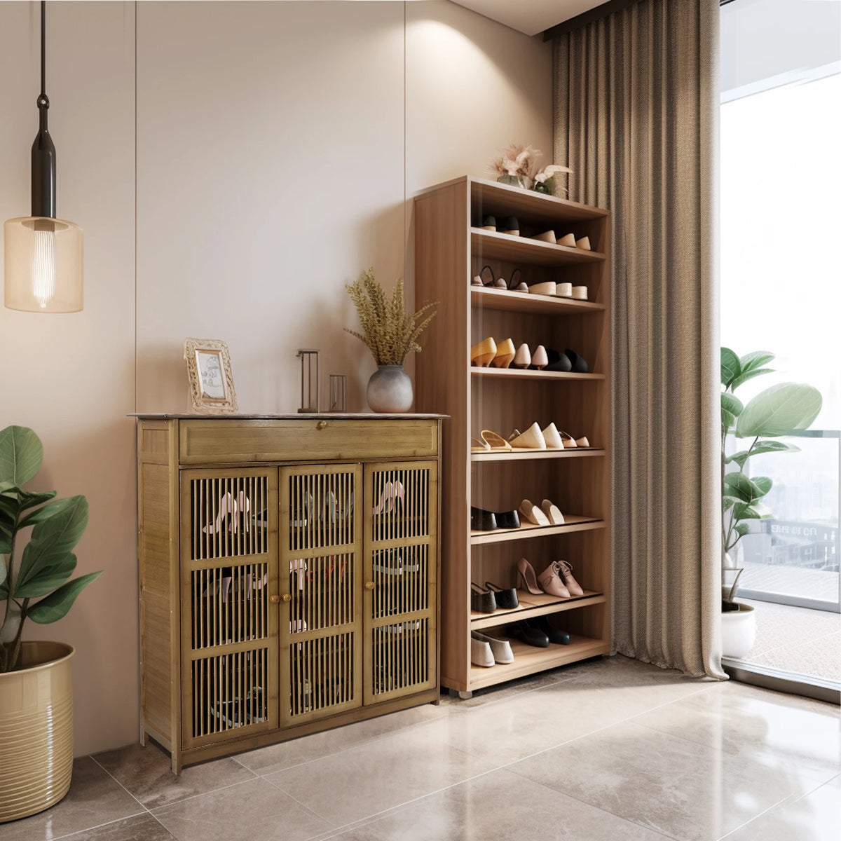 Freestanding Bamboo Shoe Cabinet With Three Doors For Entryway Storage