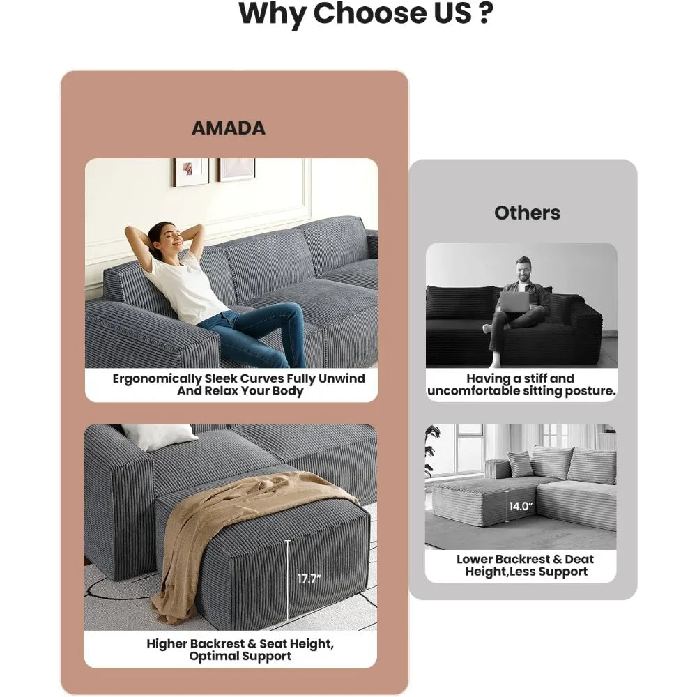 L Shaped Modular Sofa In Corduroy Fabric With High Back